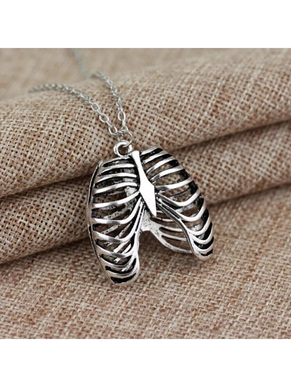 Gothic Punk Victorian Ribcage Bones Silver Pendant Chain Necklace